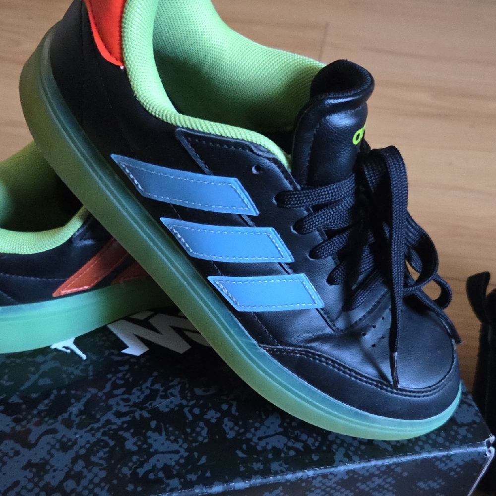 Adidas Kids Black Sneakers with Green and Blue Accents
